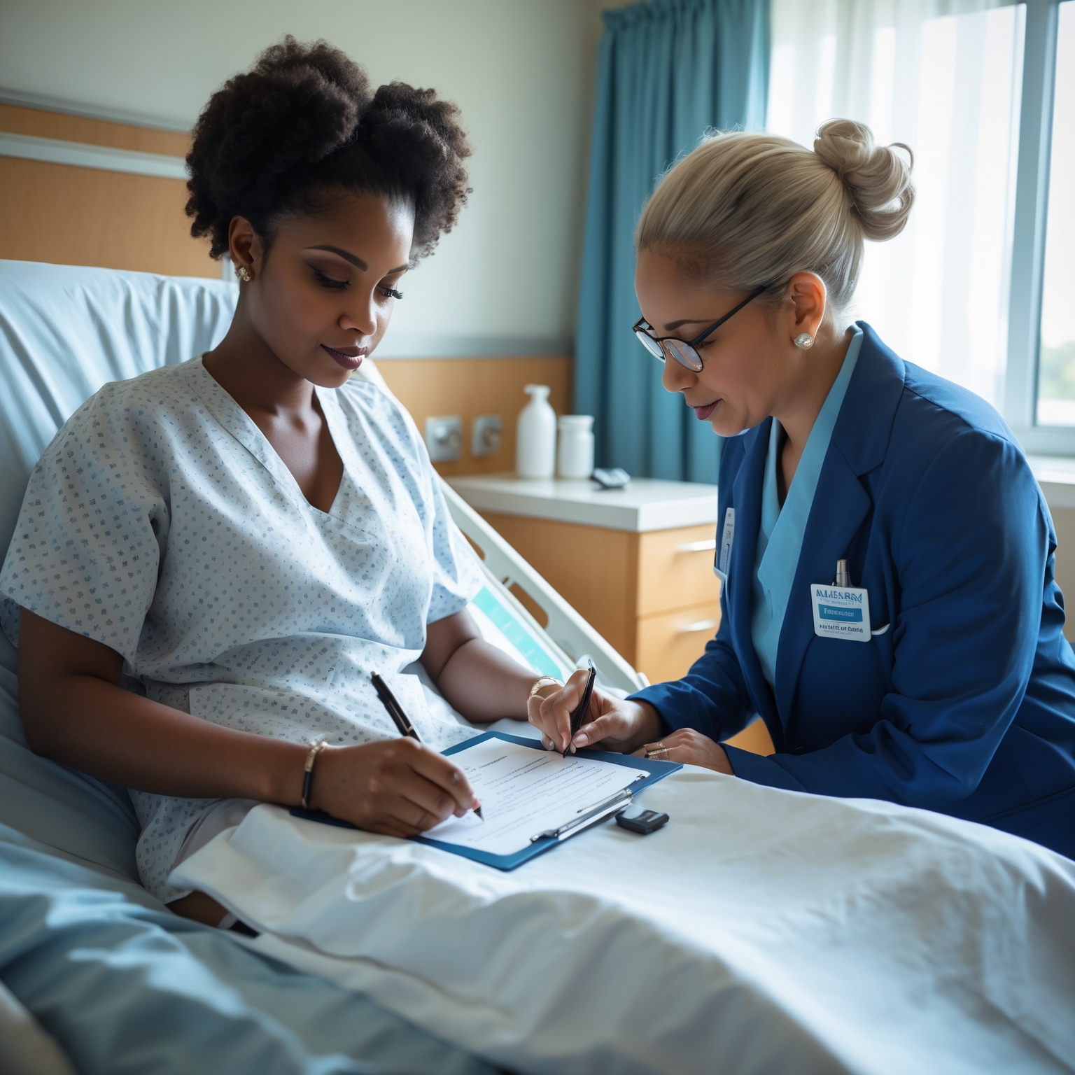 Mobile notary providing document notarization services for patient in hospital in Maryland
