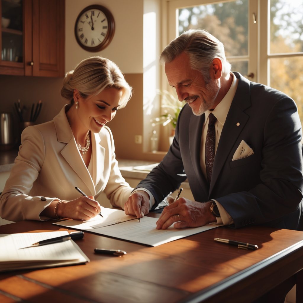 A notary public completing a same-day document signing with a client at their home in Maryland.