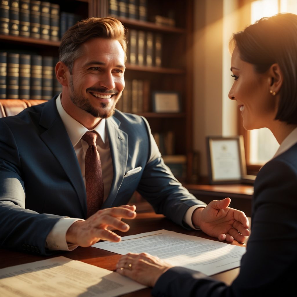 A professional notary public reviewing documents with a client at a desk in a welcoming office setting.